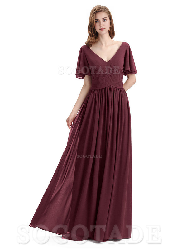A-Line Chiffon Short Sleeves Elegant Floor-Length Bridesmaid Dresses Formal Women's Dresses Wedding Guests Dresses