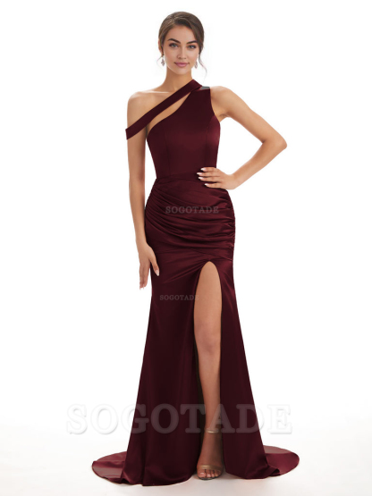 Sexy Soft Satin Side Slit One Shoulder Long Mermaid Bridesmaid Dresses prom dresses shops ﻿