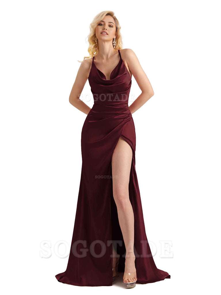 Sheath Cowl Neck Satin formal dresses evening gown Bridesmaid Dresses With Side Slit 