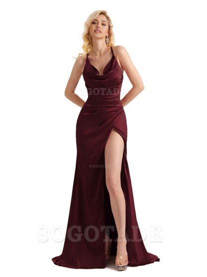 Sheath Cowl Neck Satin formal dresses evening gown Bridesmaid Dresses With Side Slit 