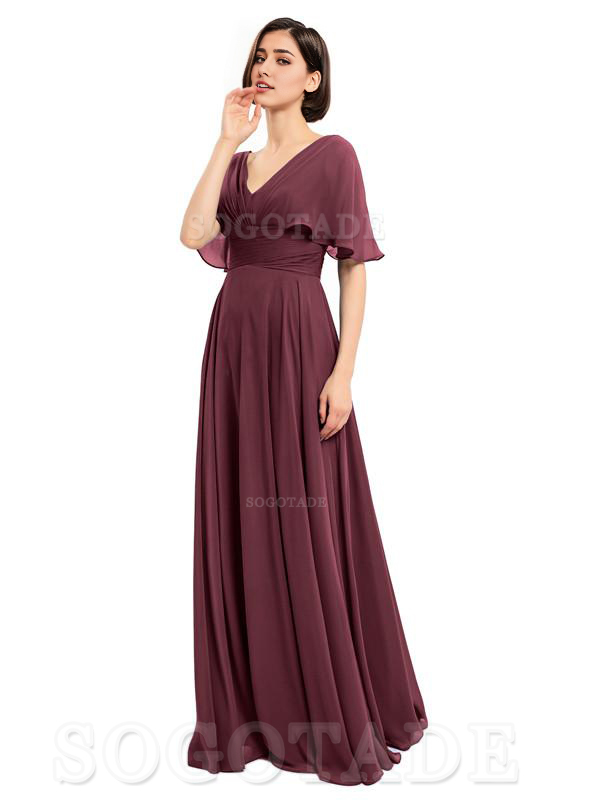  V-Neck Cap Sleeves Sleeves Chiffon Long Elegant Bridesmaid Dresses Formal Wear Dresses