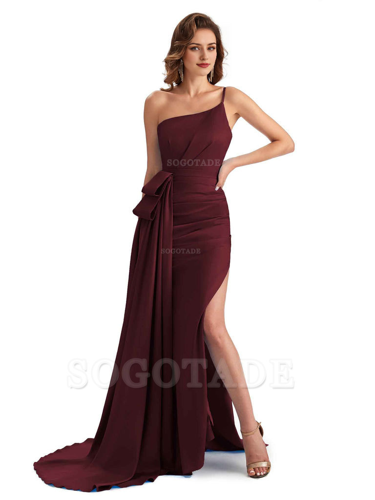 Sexy Side Slit Mermaid Silky Satin One Shoulder Modern Maxi Bridesmaid Dresses
