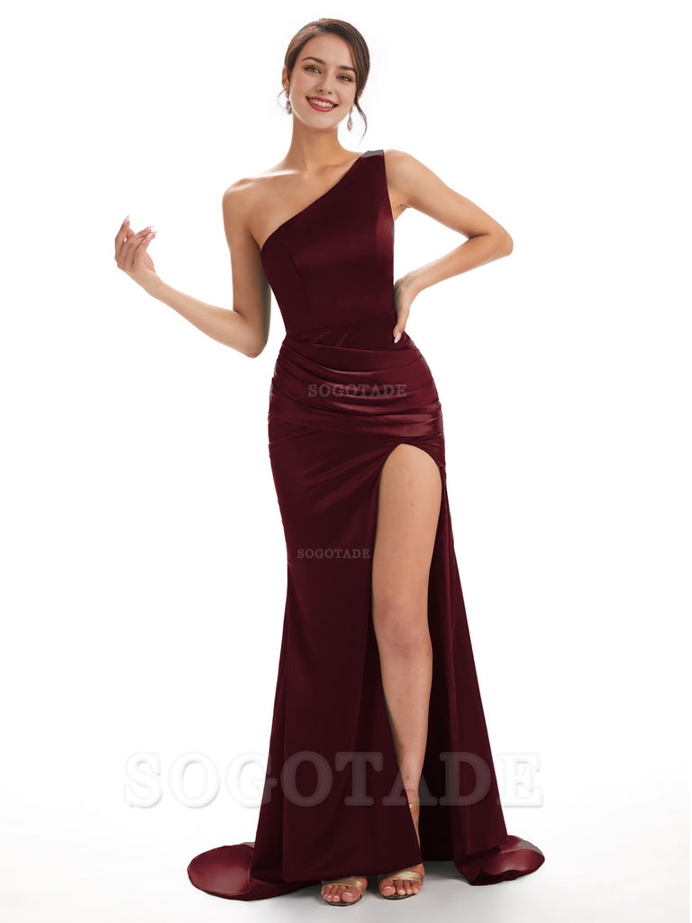 Sexy Soft Satin Side Slit One Shoulder Long Mermaid Bridesmaid Dresses Online prom shop dresses ﻿