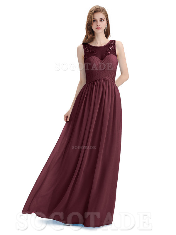 Elegant A-Line Chiffon Sleeveless Ruched Long Simple Bridesmaid Dresses Formal Women's Dresses Wedding Guests Dresses