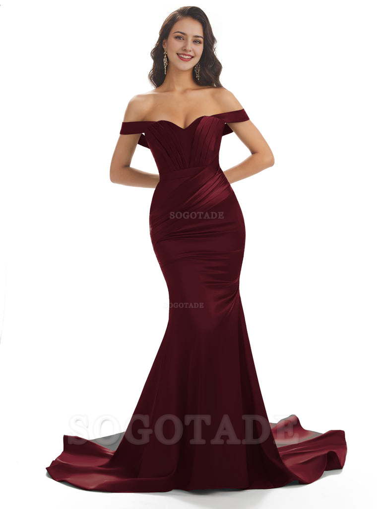 Sexy Mermaid Off The Shoulder Floor-Length Long Soft Satin Bridesmaid Dresses Online prom shop dresses