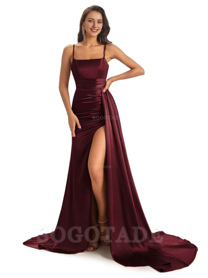 Sexy Soft Satin Side Slit Spaghetti Straps Long Mermaid Bridesmaid Dresses Online prom shop dresses ﻿