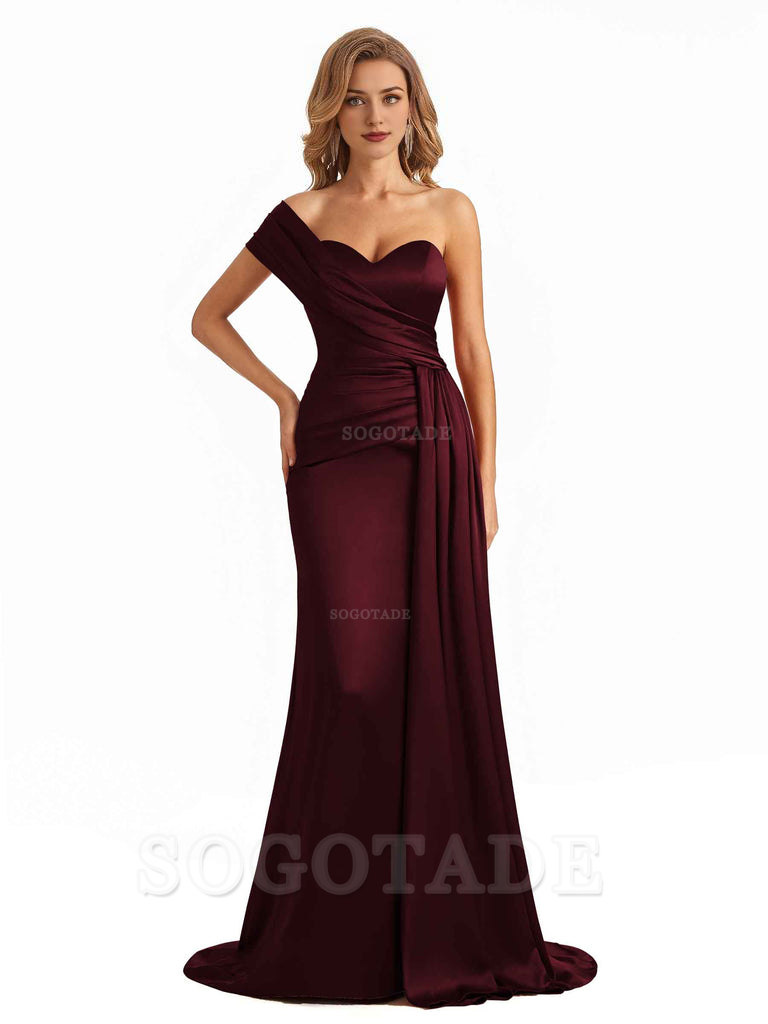 Elegant One Shoulder Soft Satin Long Mermaid Bridesmaid Dresses Online prom shop dresses ﻿