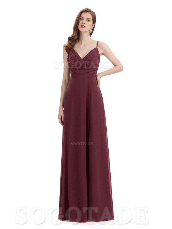 Chiffon V-Neck Spaghetti Strap Floor-Length Side Fork Long Bridesmaid Dresses Formal Women's Dresses Wedding Guests Dresses