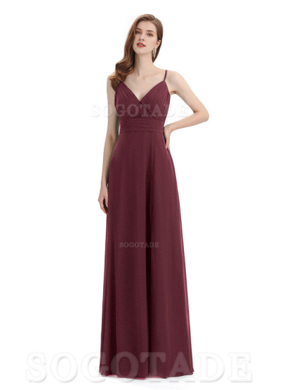 Chiffon V-Neck Spaghetti Strap Floor-Length Side Fork Long Bridesmaid Dresses Formal Women's Dresses Wedding Guests Dresses