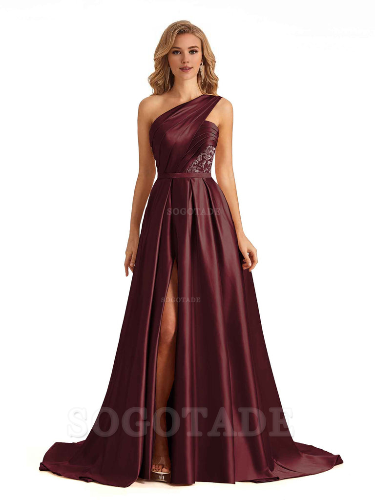 Sexy Side Slit One Shoulder A-Line Soft Satin Long Bridesmaid Dresses Online prom dress in store