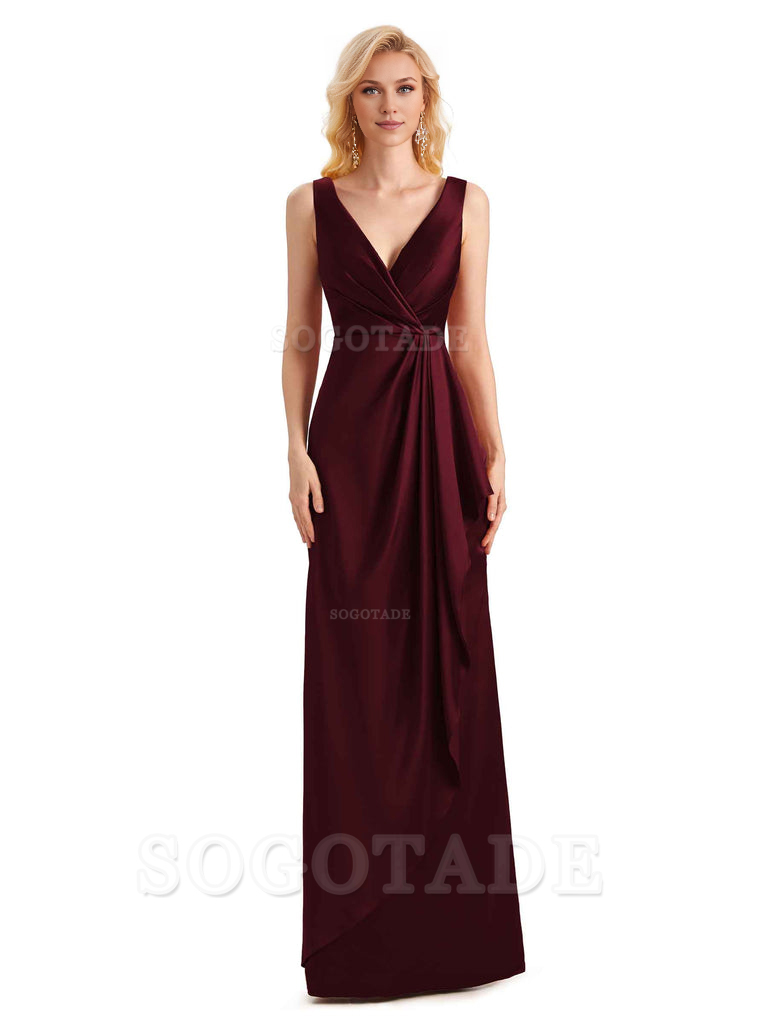 V Neck Elegant Soft Satin Formal Long Maid Bridesmaid Dresses Formal Wear Dresses