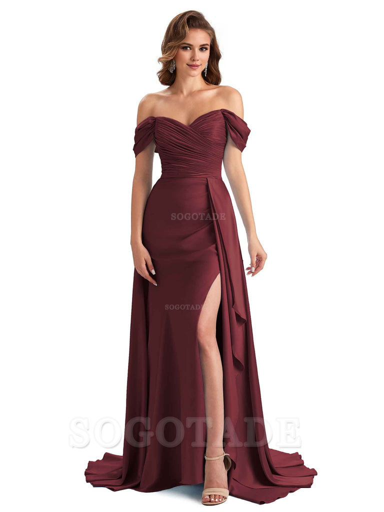 Sexy Side Slit Mermaid Soft Satin Off The Shoulder Long Unique Bridesmaid Dresses prom dress in store