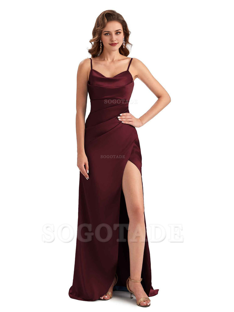 Soft Satin Side Slit Spaghetti Straps Sexy Wedding Bridesmaid Dresses