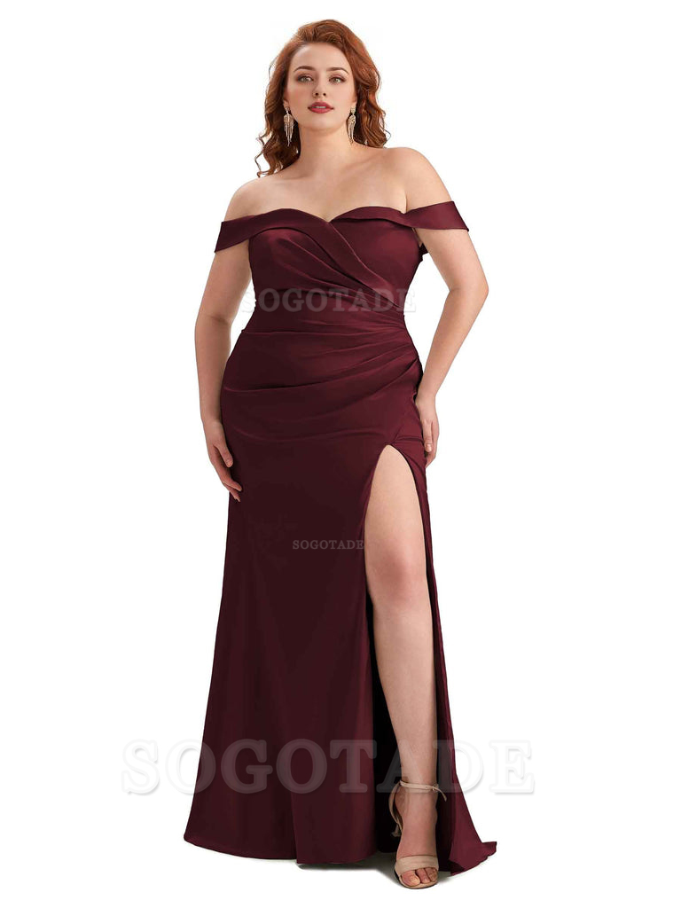 Sexy Side Slit Off Shoulder Mermaid Soft Satin Long Plus Size Bridesmaid Gowns For Wedding