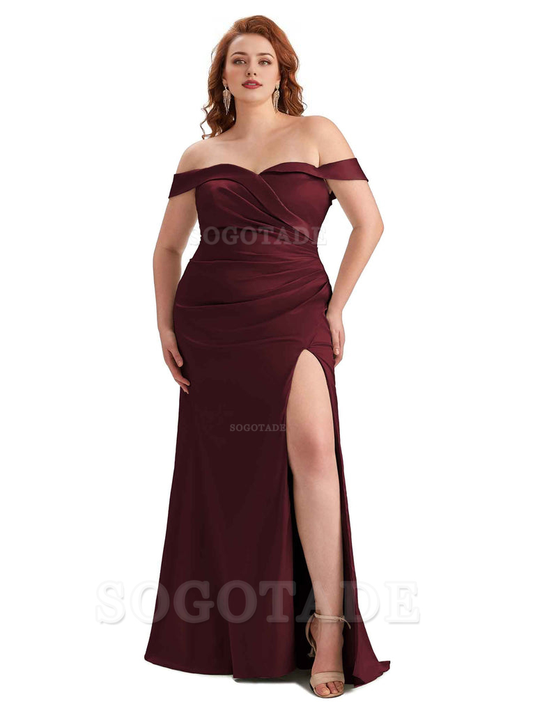 Sexy Side Slit Off Shoulder Mermaid Soft Satin Long Plus Size Bridesmaid Gowns For Wedding