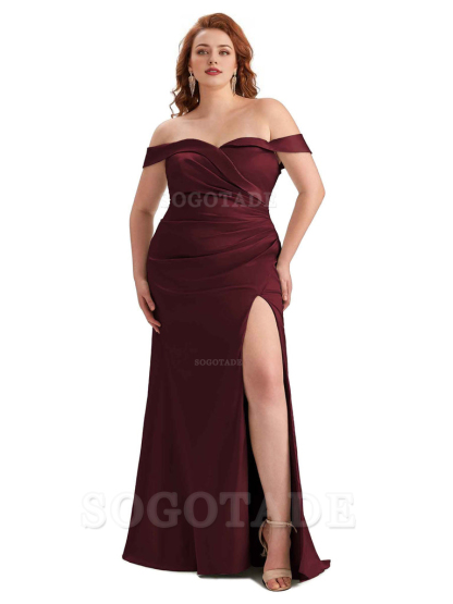 Sexy Side Slit Off Shoulder Mermaid Soft Satin Long Plus Size Bridesmaid Gowns For Wedding