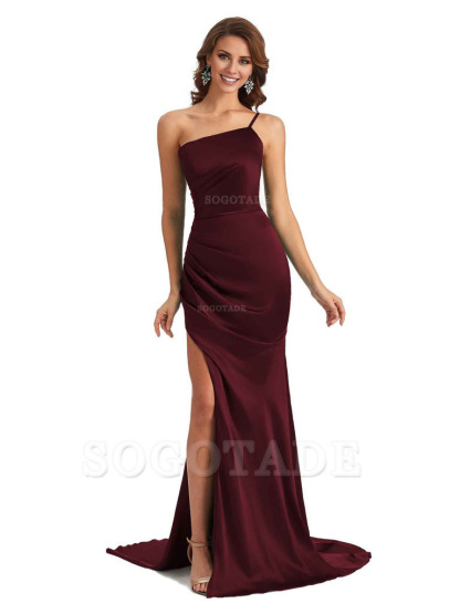 Sexy Silky Satin Side Slit One Shoulder Unique Long Wedding Guest Maxi Dresses