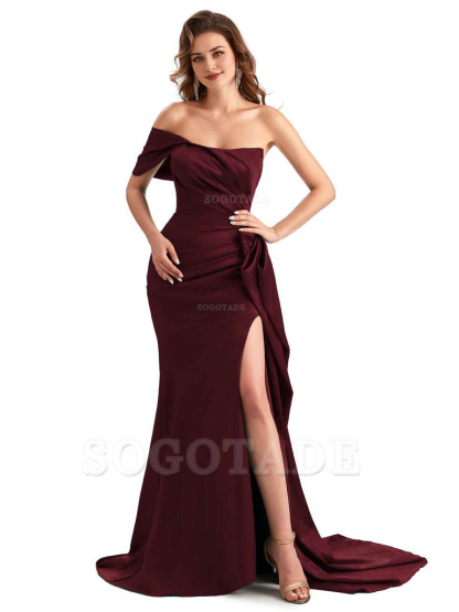 Sexy Side Slit Mermaid Silky Satin One Shoulder Chic Long Maid Of Honor Dresses