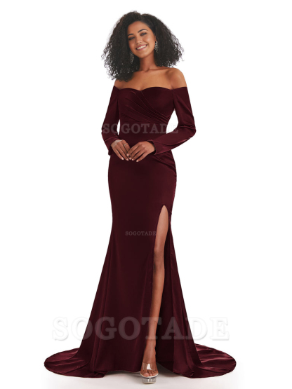 Mermaid Long Sleeve Satin formal dresses evening gown Bridesmaid Dresses With Side Slit 