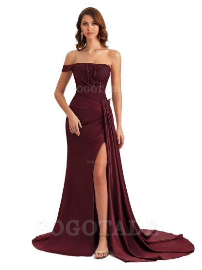 Mermaid Off Shoulder Applique formal dresses evening gown Bridesmaid Dresses With Side Slit 