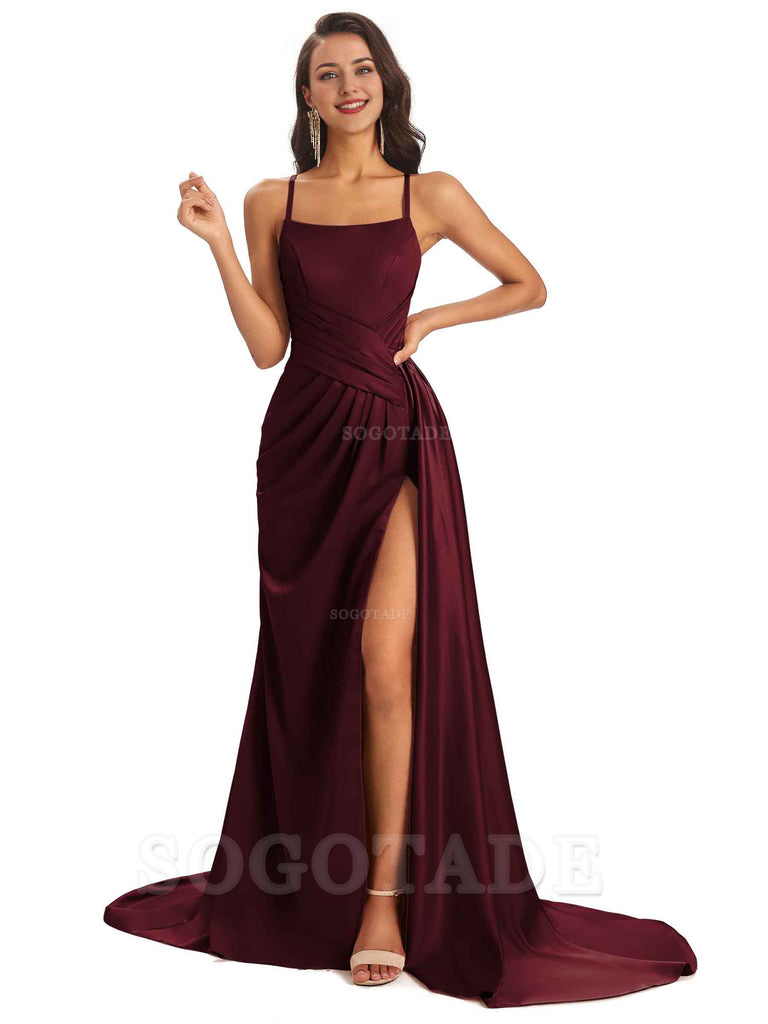 Sexy Soft Satin Side Slit Spaghetti Straps Long Maxi Bridesmaid Dresses prom shop dresses