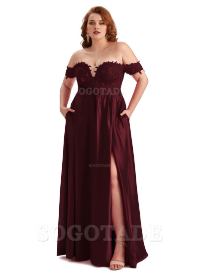 Off Shoulder Side Slit Lace Soft Satin Long Plus Size Bridesmaid Dresses For Wedding