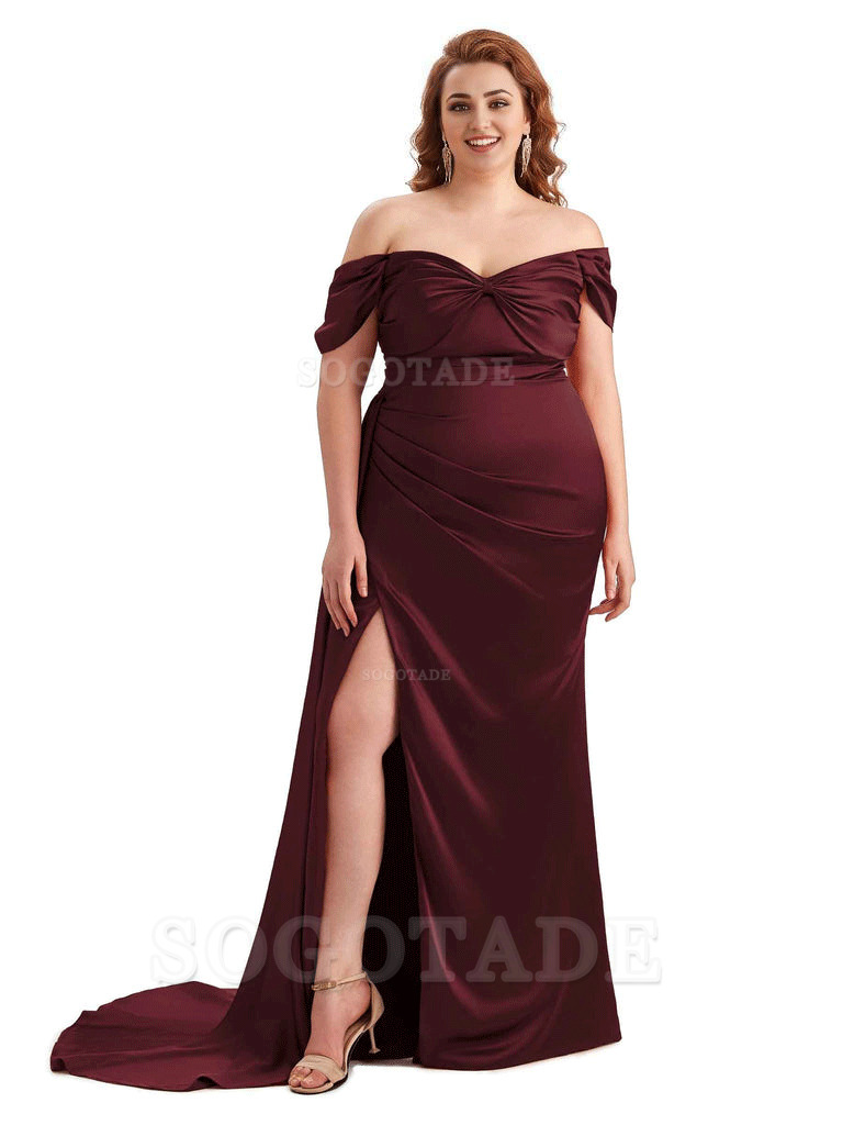  Sexy Side Slit Off The Shoulder Mermaid Soft Satin Long Plus Size Bridesmaid Dress For Wedding