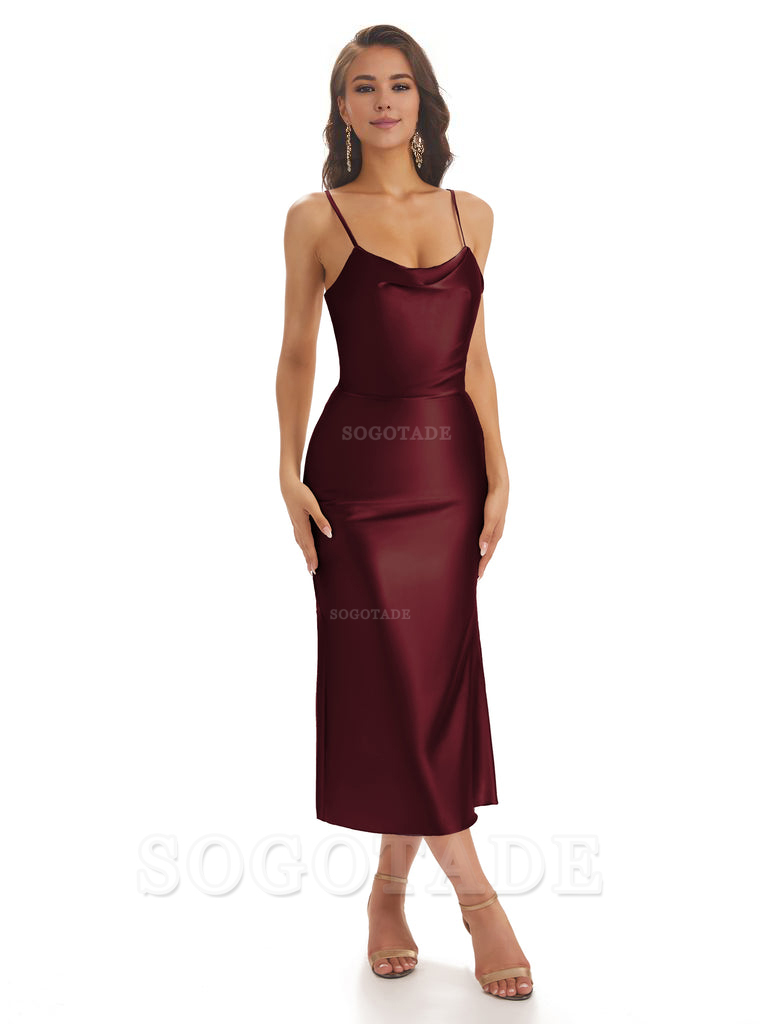 Sexy Soft Satin Spaghetti Strap Tea-Length Midi Short Bridesmaid Dresses prom shop dresses