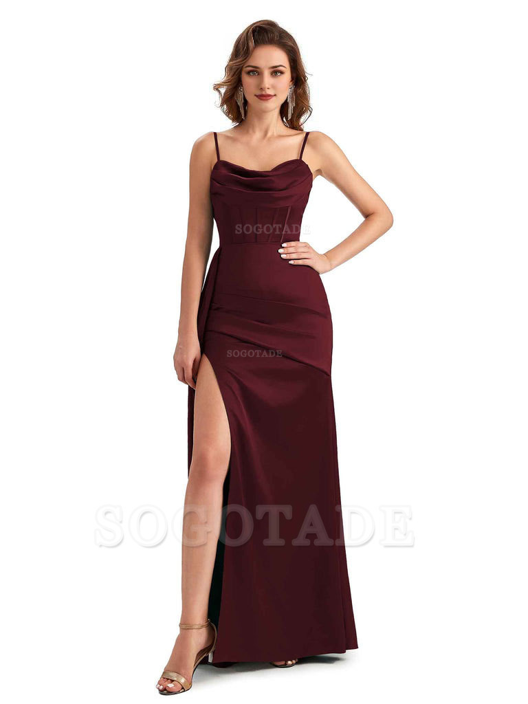 Sexy Side Slit Mermaid Silky Satin Spaghetti Straps Unique Wedding Guest Dresses