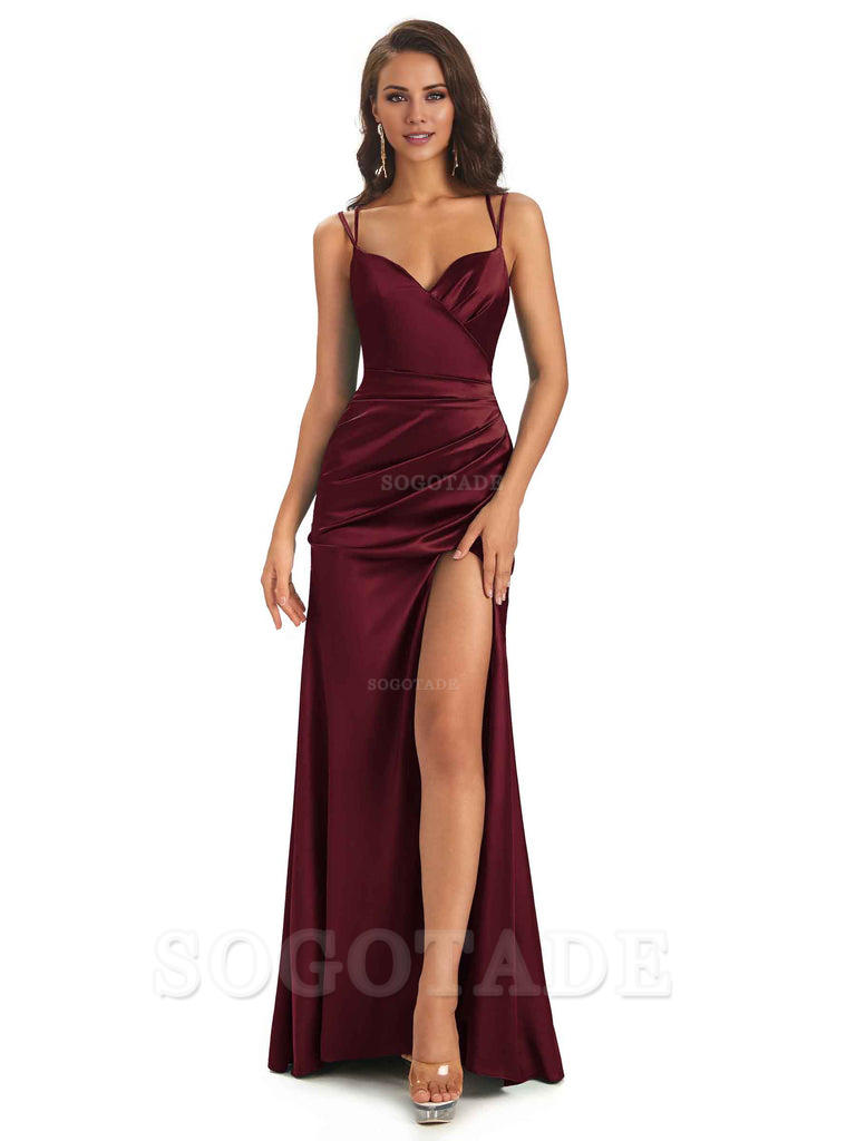Sexy Soft Satin Side Slit Spaghetti Straps Long Maxi Mermaid Bridesmaid Dresses Elegant Evening Party Dress