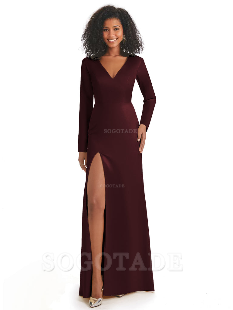 Soft Satin Side Slit Long Sleeves V-Neck Long African Mermaid Bridesmaid Dresses Elegant Evening Party Dress