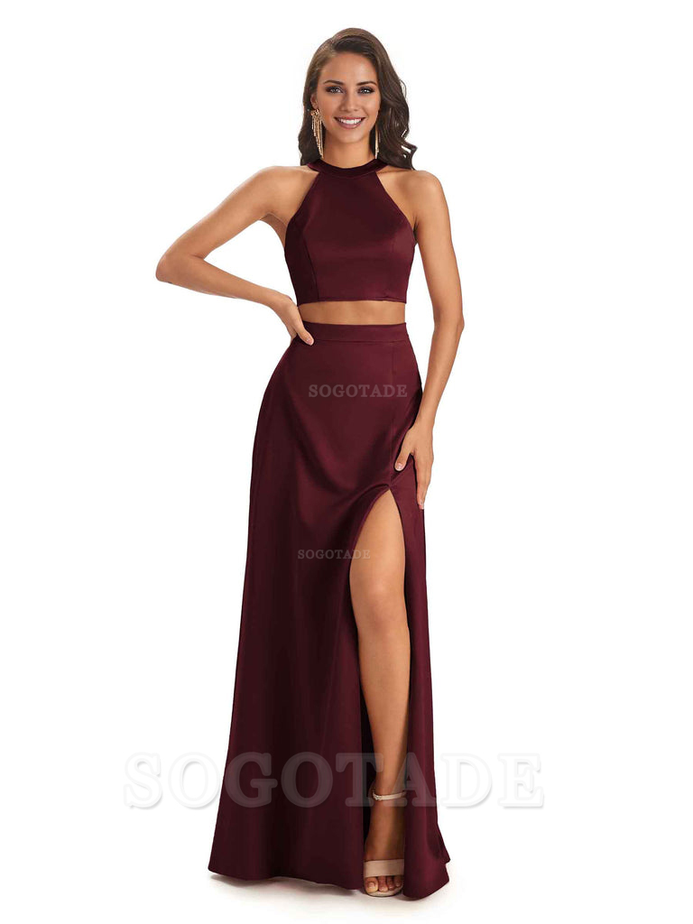 Soft Satin Two-Pieces Halter Side Slit Sexy Fashion Bridesmaid Dresses Charming Evening Party Dress