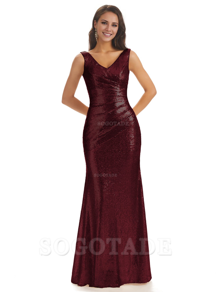 Sexy Sequin V-Neck Sparkly Long Mermaid Bridesmaid Dresses Charming Evening Party Dress