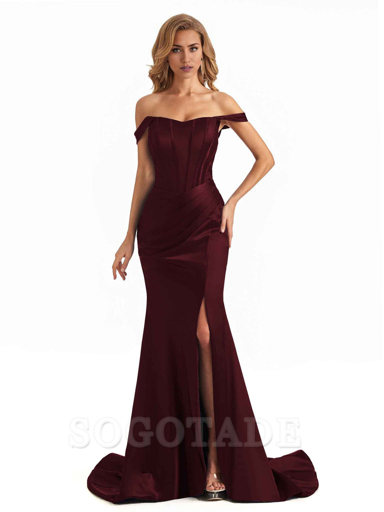 Sexy Long Mermaid Bridesmaid Dresses Off The Shoulder with Side Slit Satin Elegant Evening Party Dress 