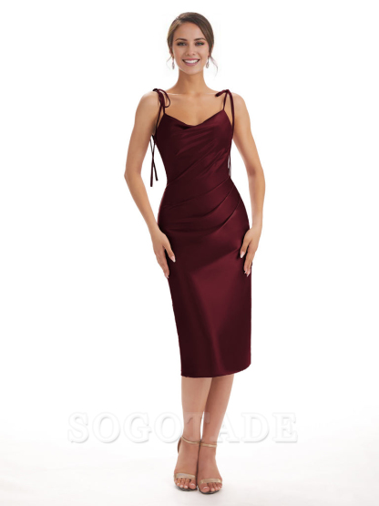 Tea Length Midi Short Bridesmaid Dresses Spaghetti Straps Satin Elegant Evening Party Dress