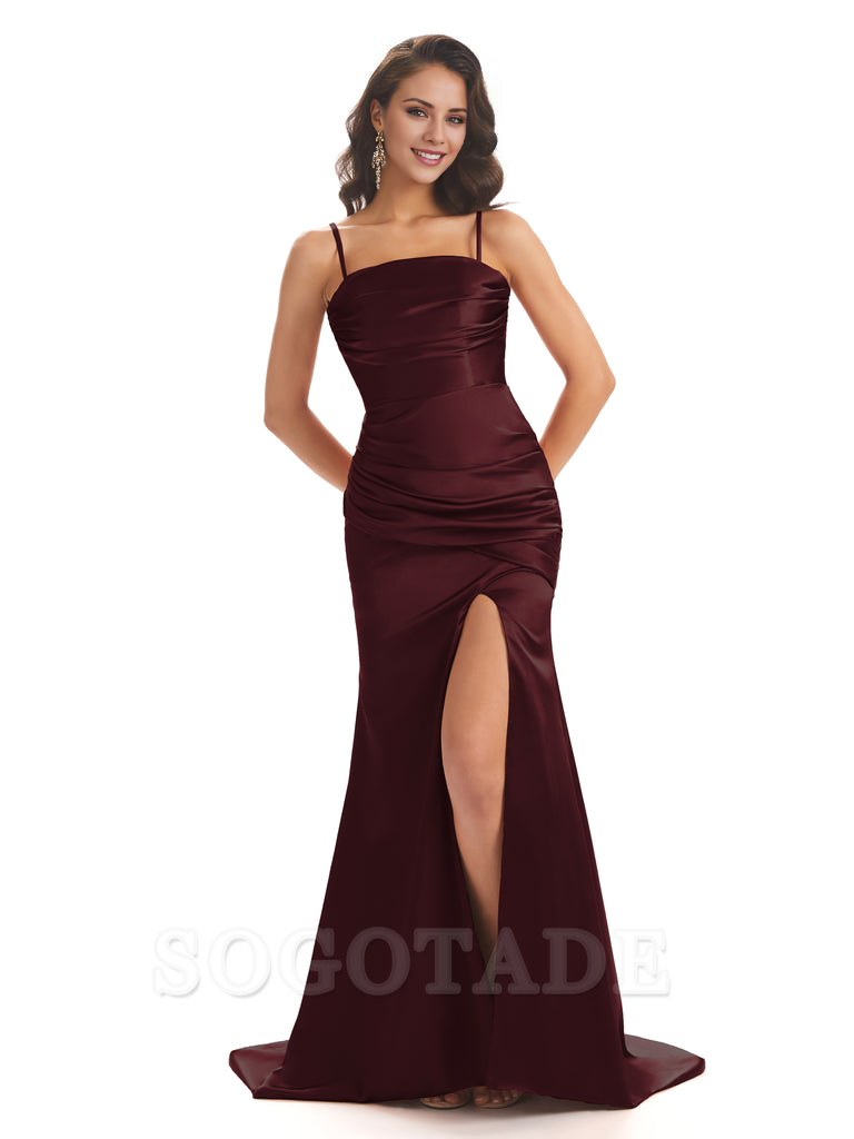 Sexy Mermaid Modern Bridesmaid Dresses Satin Spaghetti Straps with Side Slit Charming Evening Party Dress