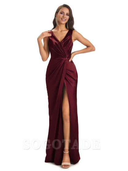 V-Neck Unique Long Satin Bridesmaid Dresses with Front Slit