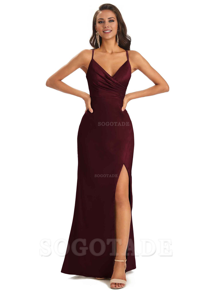 Soft Satin Side Slit Spaghetti Straps Long Unique Mermaid Bridesmaid Dresses Elegant Evening Party Dress