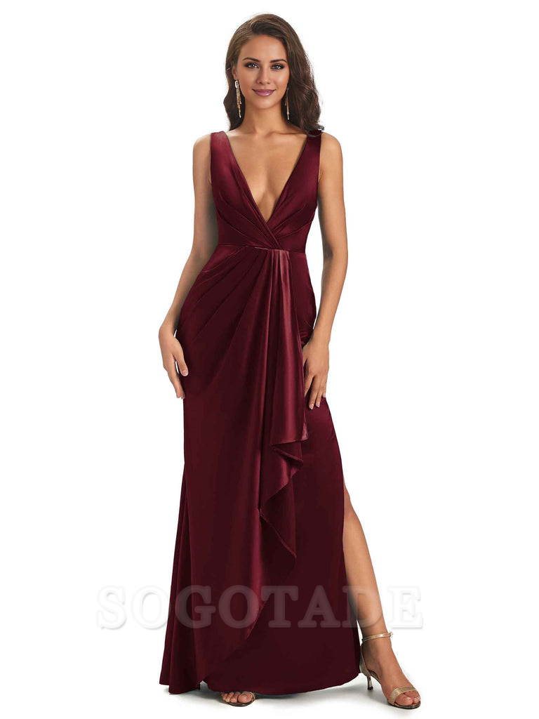 Sexy Satin V-Neck Floor-Length Long Bridesmaid Dresses with Side Slit Elegant Evening Party Dress