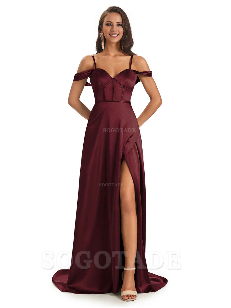 Stylish Soft Satin Side Slit Spaghetti Straps Bridesmaid Dresses Elegant Evening Party Dress