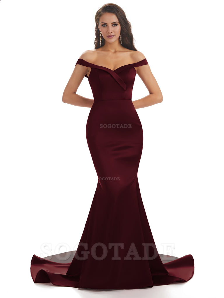 Elegant Off The Shoulder Soft Satin Mermaid Long Bridesmaid Dresses Charming Evening Party Dress