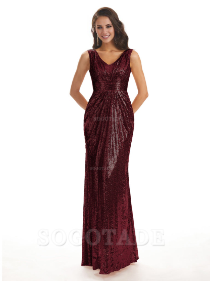Sparkly V-Neck Sequin Long Mermaid Bridesmaid Dresses Sleeveless Charming Evening Party Dress
