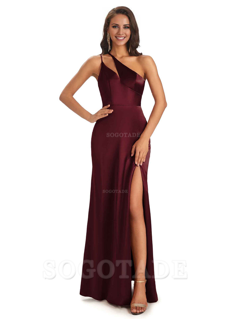 Sexy Soft Satin Side Slit One Shoulder Floor-Length Mermaid Long Bridesmaid Dresses Elegant Evening Party Dress