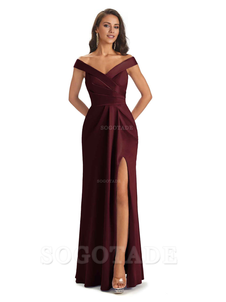 Sexy Soft Side Slit Off Shoulder V-Neck Long Satin Ladies Bridesmaid Dresses Elegant Evening Party Dress