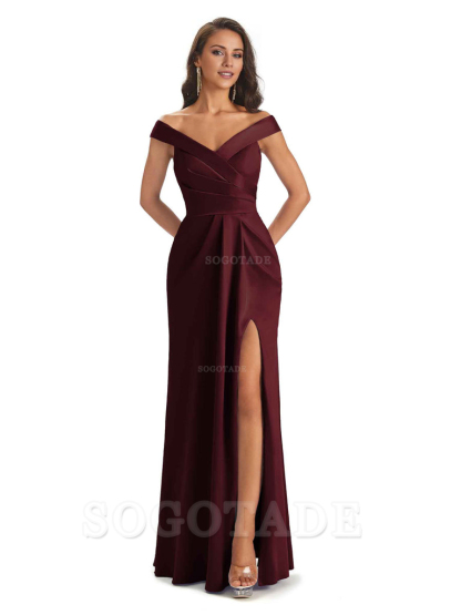 Sexy Soft Side Slit Off Shoulder V-Neck Long Satin Ladies Bridesmaid Dresses Elegant Evening Party Dress