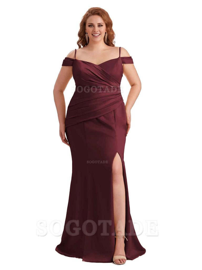 Elegant Cold Shoulder Side Slit Mermaid Soft Satin Long Plus Size Bridesmaid Gowns