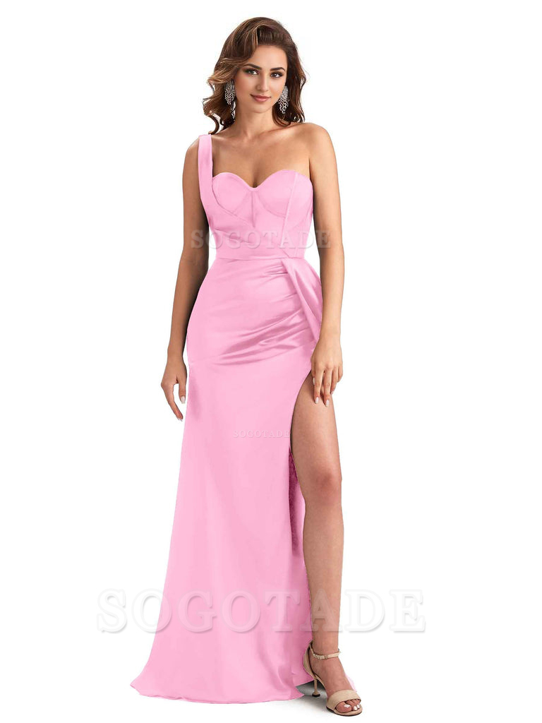 Sexy Mermaid Silky Satin Side Slit One Shoulder Unique Long Wedding Guest Dresses