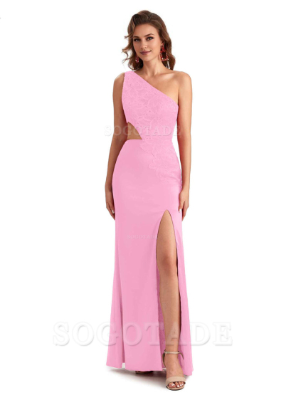 Sexy Side Slit Mermaid Lace Silky Satin One Shoulder Chic Long Bridesmaid Dresses