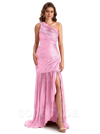 Sexy Side Slit Mermaid Soft Satin One Shoulder Long Ladies Bridesmaid Dresses Online