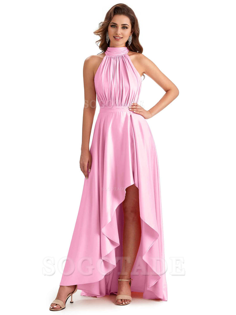 Soft Satin High Neck High Low A-Line Unique Bridesmaid Dresses Online